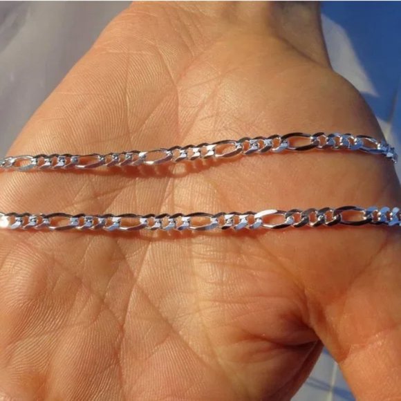 Solid Sterling Silver Figaro Chain Real 925 Silver Necklace Stamped 925 ITALY - Picture 2 of 4
